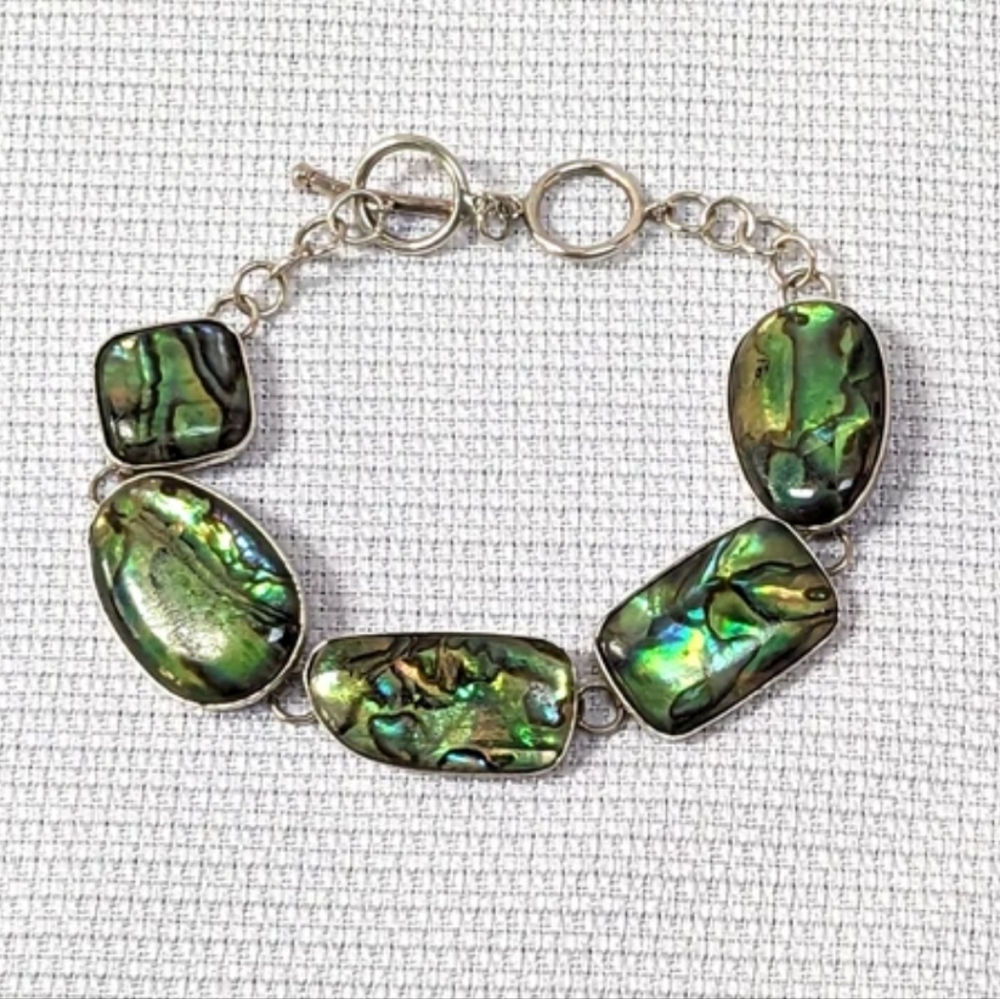 Abalone and Sterling Silver Link Bracelet, Toggle Clasp Marked LOC 925